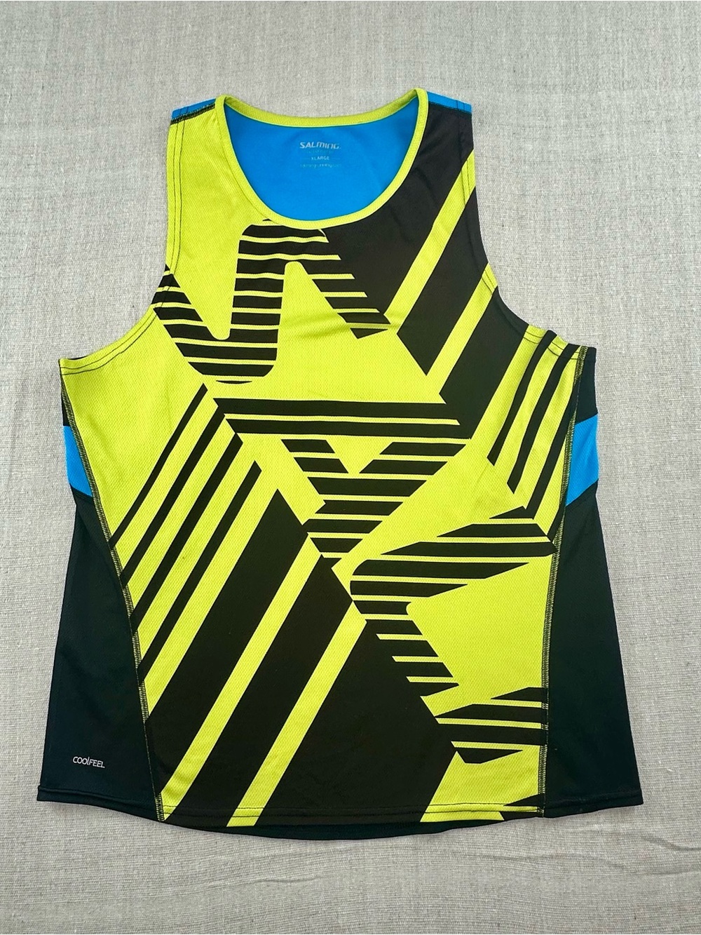Salming CoolFeel XL Neon Geometric Running Tank Top Neon Yellow Black Blue